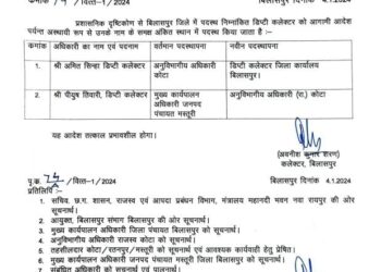 डिप्टी कलेक्टर पीयूष तिवारी बने कोटा एस,डी,एम दर्जन भर तहसीलदारों के प्रभार में भी फेरबदल*